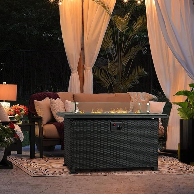 Kozyard Outdoor Patio Propane Gas Fire Pit Table - 50,000 BTU Wicker Design with Aluminum Tabletop, Glass Wind Guard, Clear Glass Rocks Slide Out Tank Holder - Ideal Patio Fire Table (Brown)