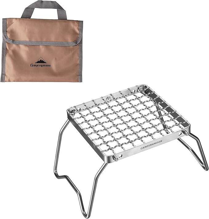 Campingmoon Portable Campfire Grill Grate 304 Stainless Steel Folding Camping Grill Over Gas Stove BBQ Grill Rack with Legs and Carrying Bag