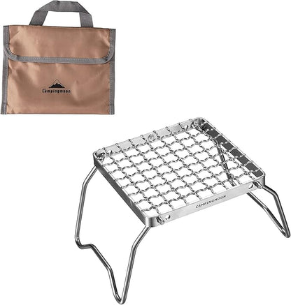 Campingmoon Portable Campfire Grill Grate 304 Stainless Steel Folding Camping Grill Over Gas Stove BBQ Grill Rack with Legs and Carrying Bag