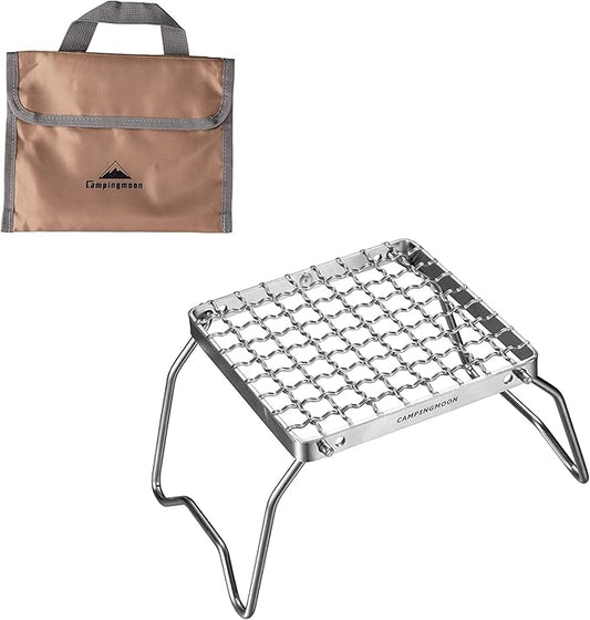 Campingmoon Portable Campfire Grill Grate 304 Stainless Steel Folding Camping Grill Over Gas Stove BBQ Grill Rack with Legs and Carrying Bag