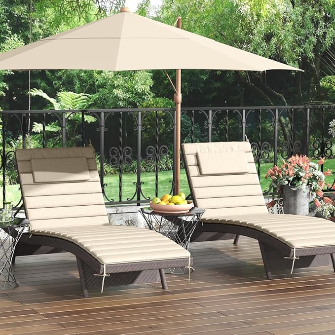 Sundale Outdoor Olefin Quilted Lounge Cushion Set of 4, Patio Foldable Chaise Lounger Cushion, Water-Resistant Lounge Chair Pad with Straps Beige, 80 x 26 inches