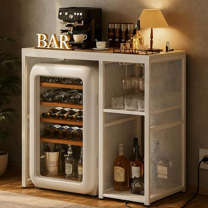 Homieasy Mini Fridge Cabinet with Power Outlet, Coffee Bar Cabinet with Mini Fridge Space, Industrial Liquor Cabinet with Wine Storage & Glass Holder for Dorm, Living Room, Home Kitchen, White