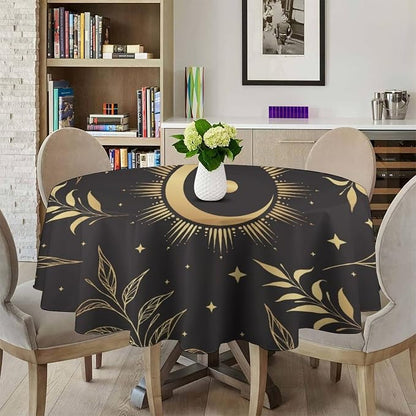 Sun Moon Round Tablecloth Vintage Boho Astrology Gold Celestial Star Crescent Galaxy Space Table Cloth Water Resistant Wipeable Table Cover for Picnic Party Kitchen Dinner Table 50"