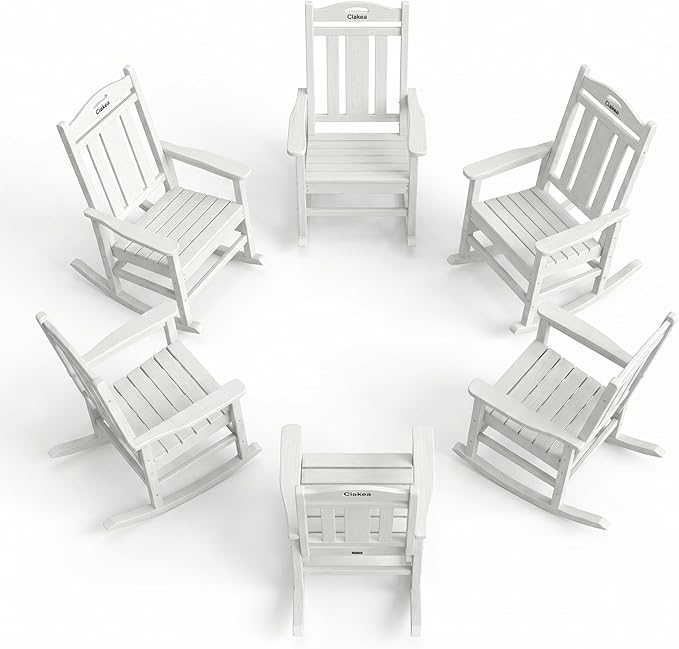 Ciokea Oversized Outdoor Rocking Chairs Set of 6, 380lbs Heavy-Duty Large Patio Rocker, High Back Cozy Porch Chairs, Weather Resistant Patio Rocking Chairs for Outside, Fire Pit, Deck, White