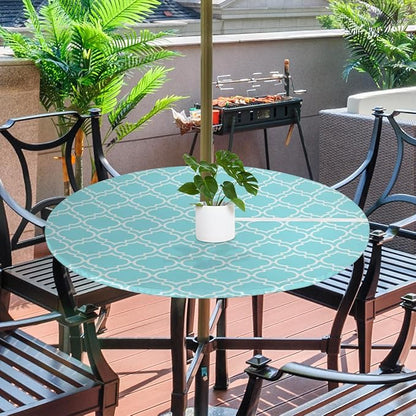 Fitted Round Tablecloth with Umbrella Hole and Zipper Aqua Blue Moroccan Outdoor Elastic Table Cloth 36"-44" Oil-Proof Waterproof Patio Table Cover for Dining Picnic Party