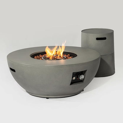 KEIKI 36 Inch Round Propane Fire Pit Table with Tank Cover, Concrete Finish Outdoor Gas Fireplace, Steel Patio Heater for Deck