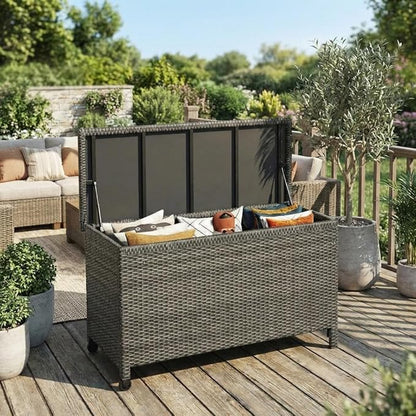 GarveeLife Medium Outdoor Wicker Storage Box, PE Rattan Patio Storage Chest with Steel Frame, Compact Deck Storage Box for Cushions, Toys & Outdoor Essentials – Brown Wicker