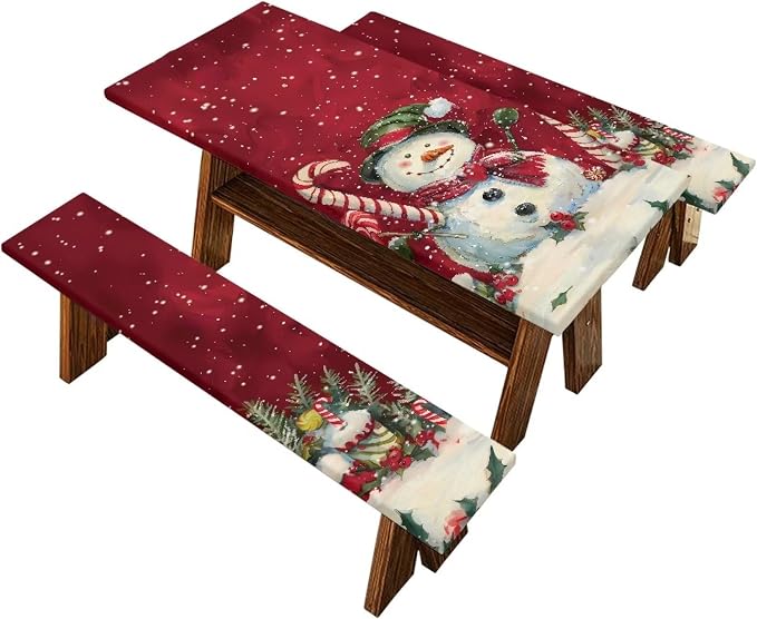 3 PCS Fitted Picnic Table Cover with Bench Cover Fitted Rectangle Tables and Seats Christmas Candy Snowman Outdoor Picnic Table Cover for Camping Red