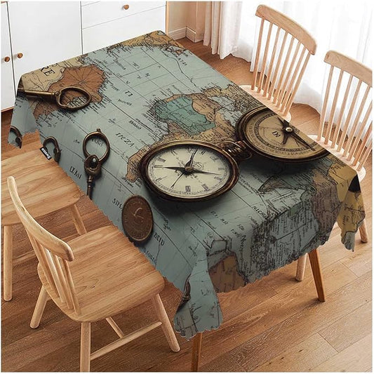 Swono Ancient World Map Table Cloth Rectangle Tables Retro Compass Skeleton Key Bronze Coin Kitchen Table Cover Oblong 52"X70" Tablecloth for Dining Table Buffet Parties Patio Camping