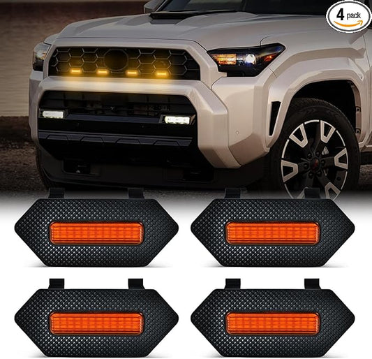 Amber LED Grille Lights for Toyota 4Runner TRD Pro/Trailhunter 2025 2026, 4Pcs Front Grill Light Kit with Wire Harness and Fuse