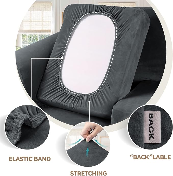 WEERRW Velvet Stretch 2 Pieces Chair Sofa Slipcovers Washable, Dark Grey | Armchair Slipcovers Luxury Soft Velvet Plush Furniture Protector Couch Cover with Elastic Bottom for Kids Pets, Small