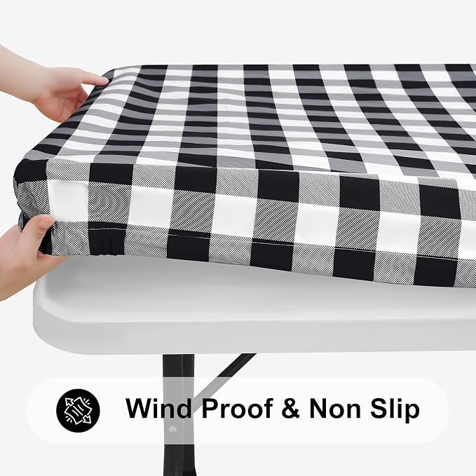Smiry Rectangle Picnic Table Cloth, Elastic Waterproof Fitted Vinyl Tablecloths, Flannel Backed Buffalo Plaid Table Covers for Dining, Camping, Outdoor (Black and White, 18" x 72")