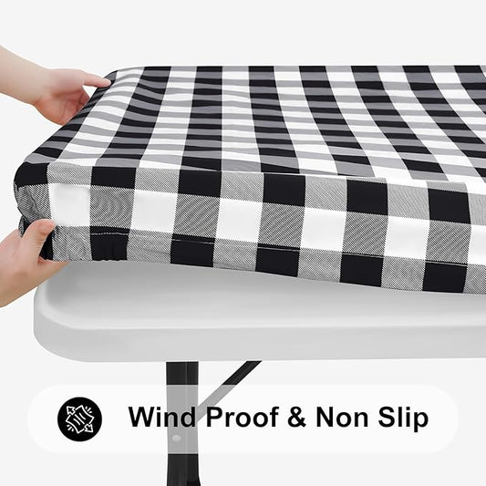 Smiry Square Picnic Table Cloth, Elastic Waterproof Fitted Vinyl Tablecloths, Flannel Backed Buffalo Plaid Table Covers for Dining, Camping, Outdoor (Black and White, 36" x 36")