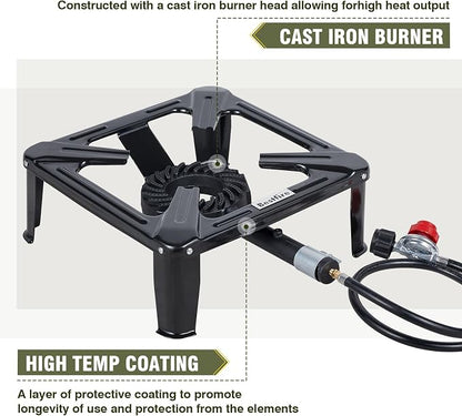 Bestfire High Pressure Propane Burner, 260,000 BTU Single Propane Stove | with 0-20 PSI Adjustable Hose & Regulator, 16" Square Steel Cooktop for Camping, Turkey Frying