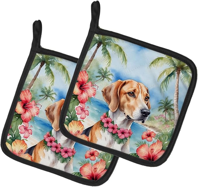 Caroline's Treasures English Foxhound Luau Pair of Pot Holders Kitchen Heat Resistant Pot Holders Sets Oven Hot Pads for Cooking Baking BBQ, 7 1/2 x 7 1/2