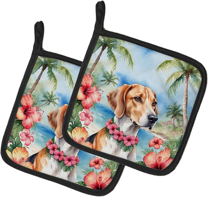 Caroline's Treasures English Foxhound Luau Pair of Pot Holders Kitchen Heat Resistant Pot Holders Sets Oven Hot Pads for Cooking Baking BBQ, 7 1/2 x 7 1/2