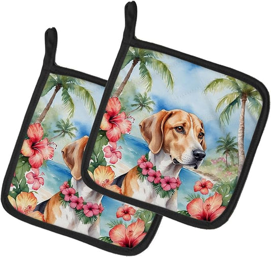 Caroline's Treasures English Foxhound Luau Pair of Pot Holders Kitchen Heat Resistant Pot Holders Sets Oven Hot Pads for Cooking Baking BBQ, 7 1/2 x 7 1/2