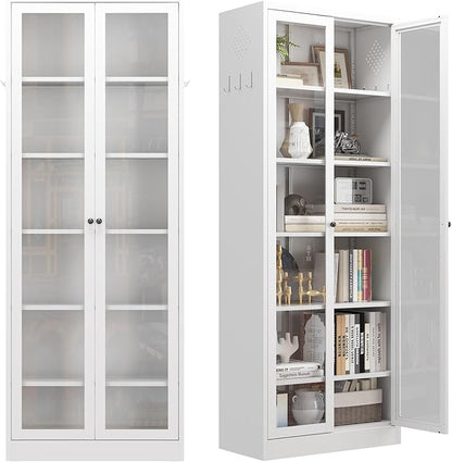 Kitchen Pantry Cabinet, 72" Tall Pantry Storage Cabinet with Adjustable Shelves and Glass Doors, Metal Storage Cabinets with Handle for Living Room, Kitchen, Assemble Required (White)