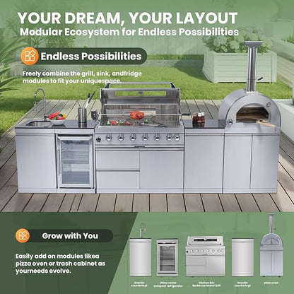 128" Modular Outdoor Kitchen,120,000 BTU Stainless Steel Natural Gas BBQ Grill with Built-In Pizza Oven,Rotisserie,Refrigerator,Granite Countertop,Storage Drawers & Cabinets.
