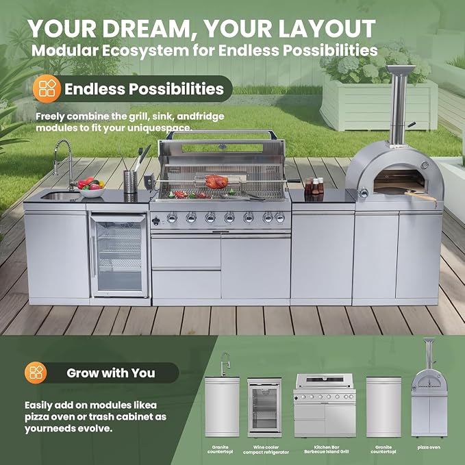 128" Outdoor Kitchen Island,Stainless Steel Propane BBQ Grill with Pizza Oven, Rotisserie, Refrigerator, Granite Countertop, Storage Cabinets & Drawers 120,000 BTU.