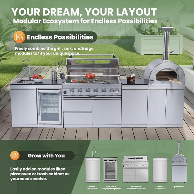 128" Modular Outdoor Kitchen,120,000 BTU Stainless Steel Propane Grill with Built-In Pizza Oven,Rotisserie,Refrigerator,Granite Countertop,Storage Drawers & Cabinets.