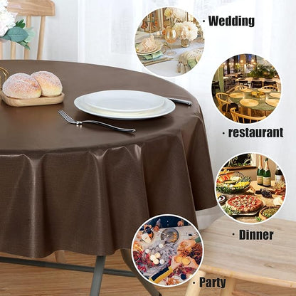 sancua 100% Waterproof Vinyl Tablecloth Table Cloth 60 Inch Round, Coffee | Oil Spill Proof, PVC Material, Wipe Clean Table Cover for Dining Tables, Buffet Parties and Camping