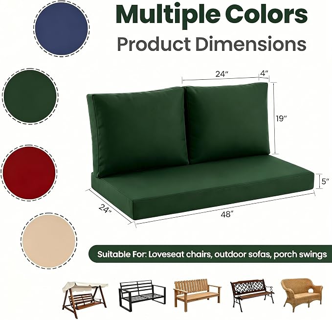Outdoor Loveseat Cushion Set, 48" x 24" Loveseat Cushions for Outdoor Furniture, Waterproof & Fade-Resistant Patio Furniture Cushions, Deep Seat Cushion for Bench, Swing and Couch, ForestGreen