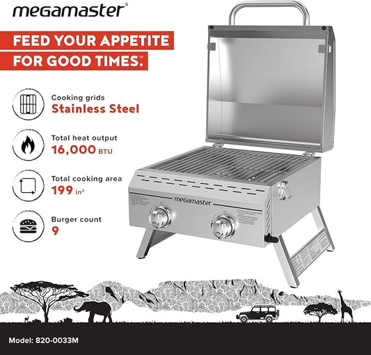 Megamaster 2-Burner Stainless Steel Portable Gas Grill with Built-In Lid, 16,000 BTUs, Foldable Legs, Small Propane Grill for Outdoor Cooking, Camping, Tailgating, Patios, and More - 820-0033M