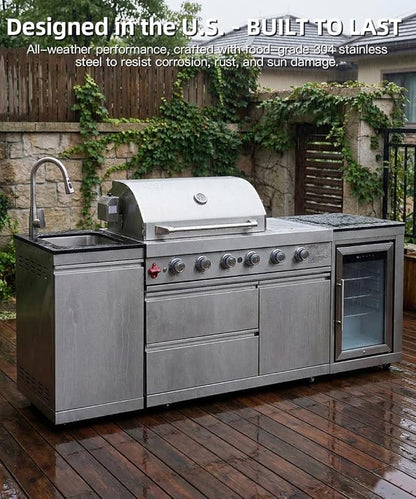 BBQ Outdoor Kitchen Island Grill Barbecue Modular Patio Kitchens Kits with Electric Rotisserie, Sink, fridge, and Burner for More than 10 People (Silver 85'')