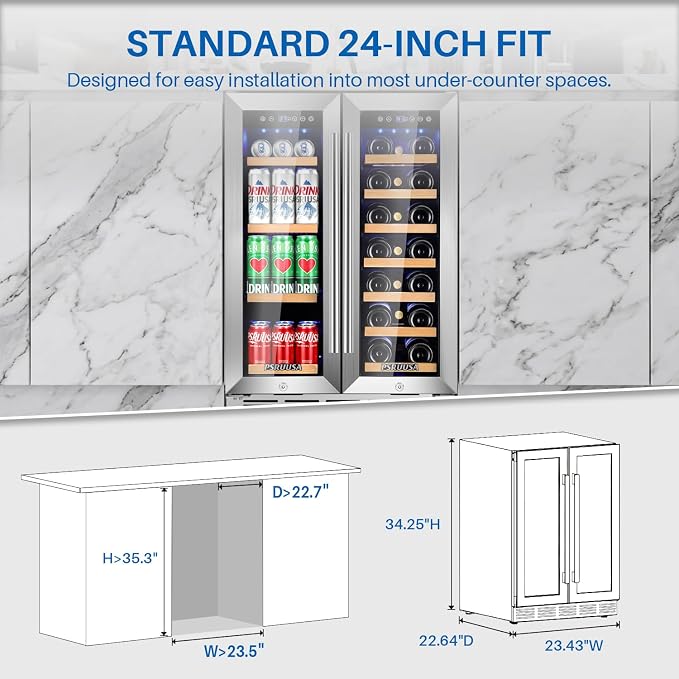 24 Inch Wine and Beverage Refrigerator Dual Zone Wine Fridge Beverage Cooler Large Capacity Holds 88 Cans and 20 Bottles, Built-In or Freestanding with Glass Door for Kitchen, Home Bar