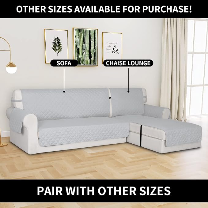 Easy-Going Reversible Chaise Lounge Couch Cover Water Resistant Sofa Cover Sectional L Shaped Sofa Slipcover with Adjustable Straps Furniture Protector for Dogs (115X34 in, Light Gray/Light Gray) | Machine Washable Slipcover For Dogs, Water Resistant F...