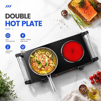 2000W Portable Electric Double Burner Hot Plate, Countertop Coil Heating Stove with 5 Temperature Control & Carry Handles for Home Kitchen RV Camping Use (black)