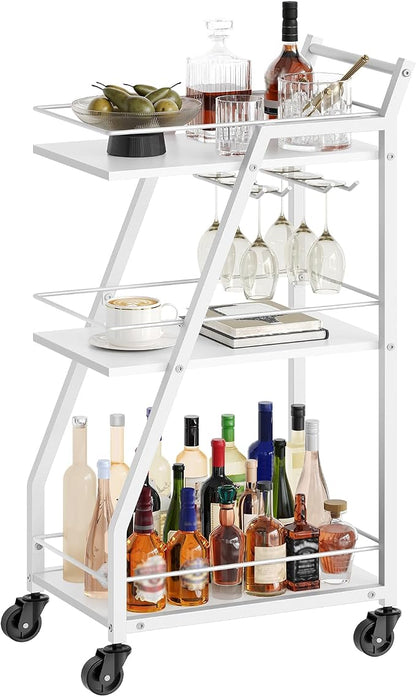 Bar Cart, 3-Tier Home Bar Serving Cart with Wheels, Drink Cart with Glass Holder, Beverage Cart, Rolling Kitchen Cart, for Home, Living Room, White and White BC03WW