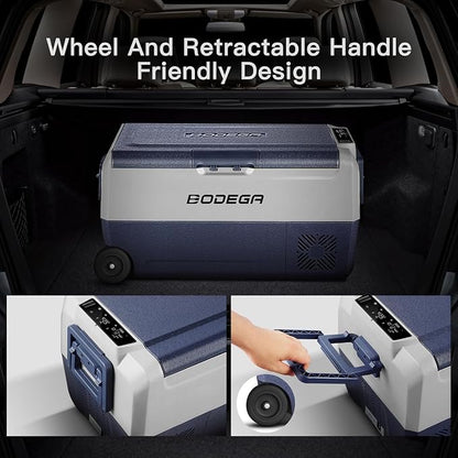 BODEGA 64QT 12 Volt Car Refrigerator Portable Single Zone With Wheels | Shockproof，Bluetooth Control, -4℉-68℉ ,12/24V DC&100-240V AC,H/M/L Battery protection,ECO&MAX MODE,LED Light,anti shack