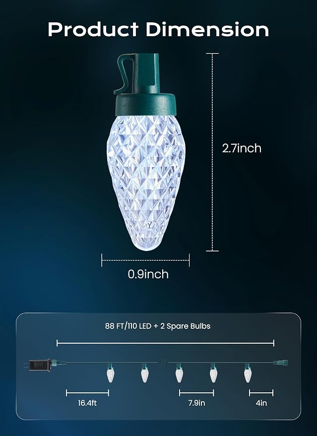 Minetom C9 Christmas Lights Outdoor, 72 FT 110 LED C9 String Lights, 8 Modes & Timer Connectable Waterproof for Christmas Tree Light Indoor Outdoor Roofline Patio Outside Yard Xmas Decor, White