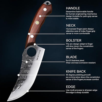 Hand Forged 3-Piece Knife Set High Carbon SteelKitchen Knives Meat Boning Cleaver Cheese Knife Professional Butcher Hunting Fish Fruit Viking Knife with Sheath for Hiking, Camping, Fishing, BBQ