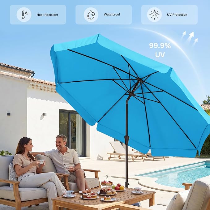 ABCCANOPY 9FT Scalloped Patio Umbrella Table Market Umbrella, Lake | Durable 8 Sturdy Fiberglass Ribs, Push Button Tilt and Crank, UV Protection Waterproof Outdoor Umbrella, Valance Style