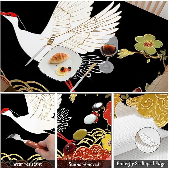 Swono Japanese Crane Tablecloths Asian Oriental Heron Bird Floral Branch Clouds Kitchen Dinning Tabletop Decoration, Polyester Table Cover for Indoor Outdoor 50x72 Inch Tablecloth