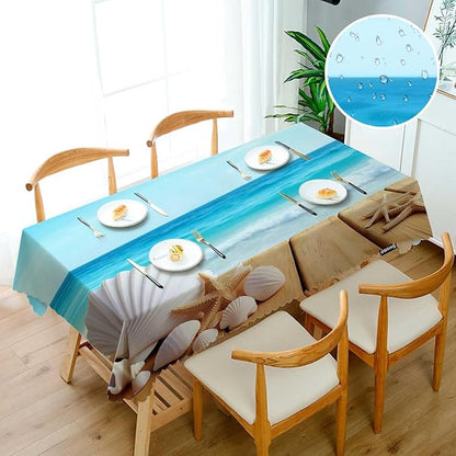 Swono 52x70 Inch Seashells Tablecloth Boardwalk Shells Starfish Sea Ocean Farmhouse Dining Table Cloth Anti-Stain Talking Table Cover for Kitchen Dinning Room Coffee Store