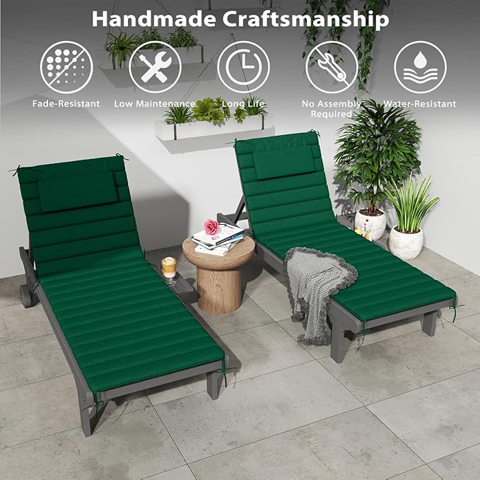 Sundale Outdoor Olefin Quilted Lounge Cushion Set of 2, Patio Foldable Chaise Lounger Cushion, Water-Resistant Lounge Chair Pad with Straps Dark Green, 72 x 21 inches