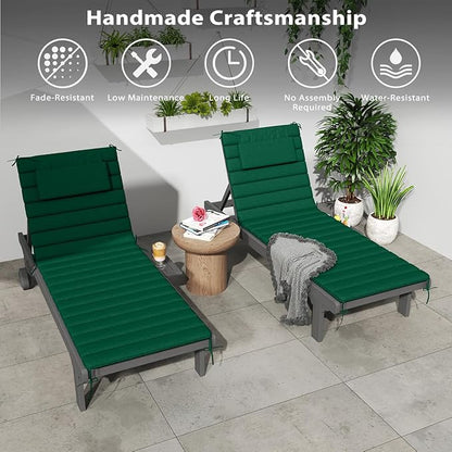 Sundale Outdoor Olefin Quilted Lounge Cushion Set of 2, Patio Foldable Chaise Lounger Cushion, Water-Resistant Lounge Chair Pad with Straps Dark Green, 72 x 21 inches