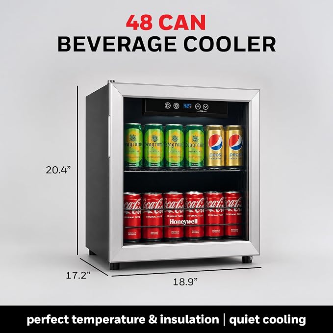 Honeywell Beverage Refrigerator and Cooler, 48 Can Mini Fridge with Glass Door for Soda Beer or Wine for Office or Bar with Adjustable Removable Shelving