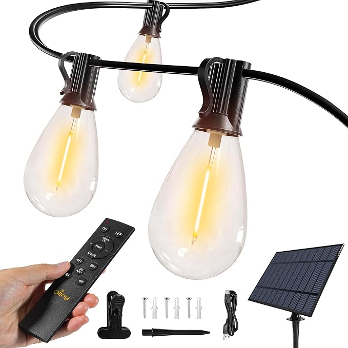 Ollny S11 30FT Solar String Lights Outdoor Waterproof Dimmable for Backyard | Patio Lights with Remote & Timer & 3 Lighting Modes, Shatterproof Edison Bulbs, String Lights for Outside Party Décor