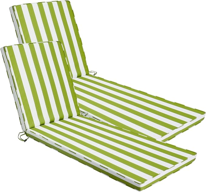 Chaise Lounge Cushions Outdoor Set of 2, 72"x22"x3" Patio Lounge Chair Furniture Cushions with Washable Covers for Pool, Patio, Lawn (Green+White Stripes, 2 Pcs)