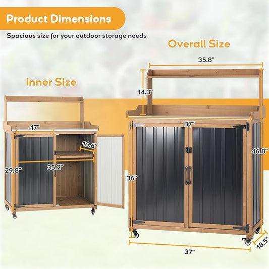 Potting Bench Table & Outdoor Storage Cabinet with Lockable Wheels, Adjustable Shelves, Mobile Waterproof Metal Top Workstation for Garden Patio BBQ Organization, Magnetic Latch & Edge Guard