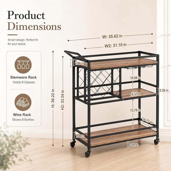 Bar Cart with Wheels, Wine & Liquor Cart for Home | Rolling Serving Cart for liquor, 3 Tier Beverage Cart with Wine Rack and Glass Holder, Rustic Oak