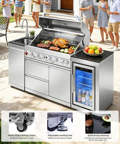 Outdoor Kitchen Island Barbecue Grill with Refrigerator & Rotisserie, Heavy-Duty Stainless Steel Freestanding Grills Station, Weather-Resistant Cooking Cabinet for Backyard & Summer Propane Gas