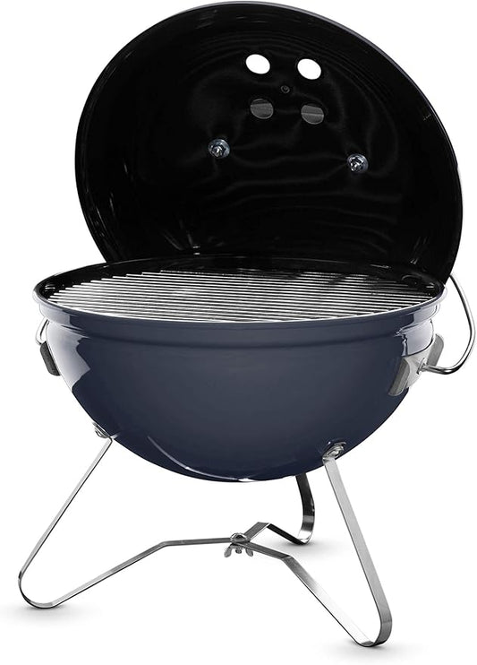 Weber Smokey Joe Premium Charcoal Grill Barbeque, 37cm | Portable BBQ Grill with Tuck-N-Carry Lid Cover & Plated Steel Legs | Folding Outdoor Cooker | Porcelain-Enamelled Bowl - Slate Blue (1126804)