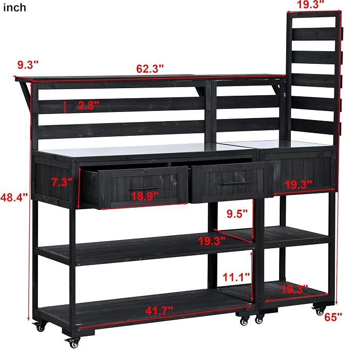 62 Inch Patio Kitchen Island with Stainless Steel Top, Black | Black fir wood, stainless steel top, garden or patio, raised shelf, 2 drawers, lockable wheels, modular design, 62.3 in L