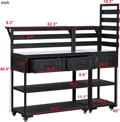 62 Inch Patio Kitchen Island with Stainless Steel Top, Black | Black fir wood, stainless steel top, garden or patio, raised shelf, 2 drawers, lockable wheels, modular design, 62.3 in L